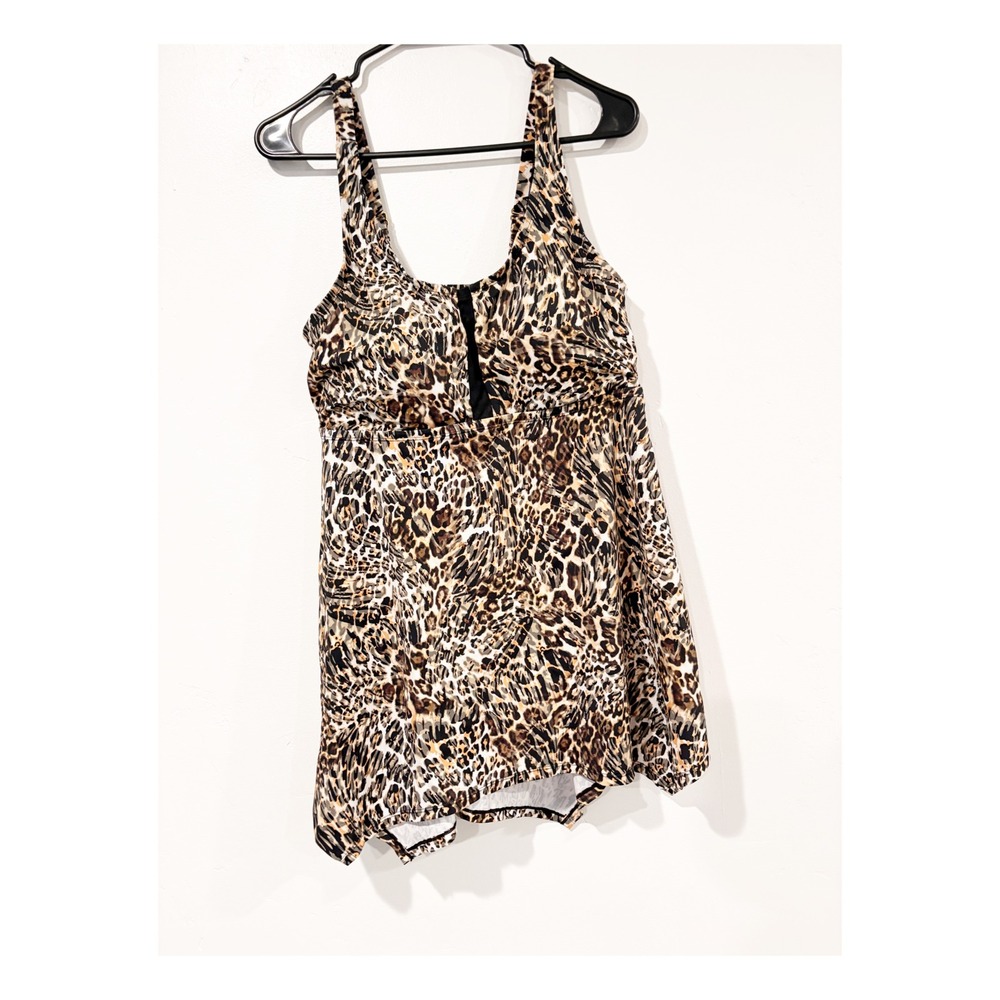 Swim365 Leopard Print Handkerchief Hem Swim Dress Brown Tan Black‎ Size 14